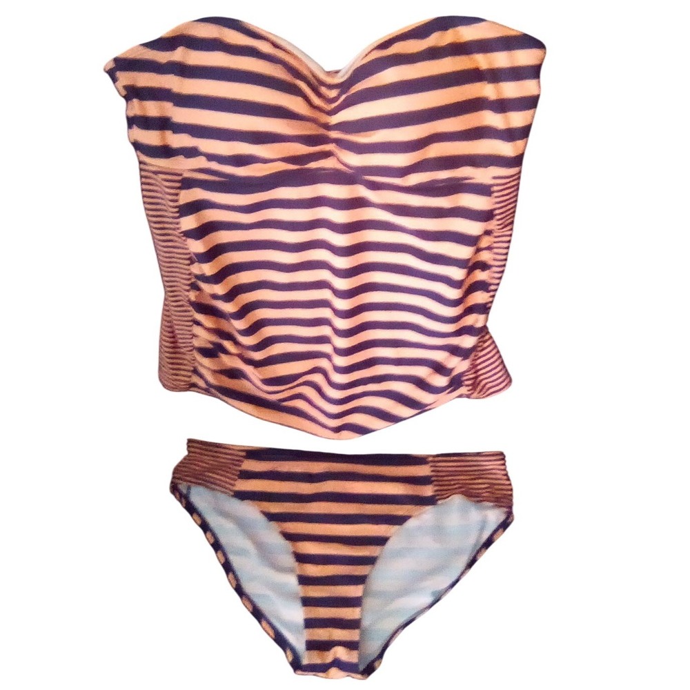 Beach Bump Motherhood Maternity Tankini Swimsuit Set Navy Orange Striped Medium‎
